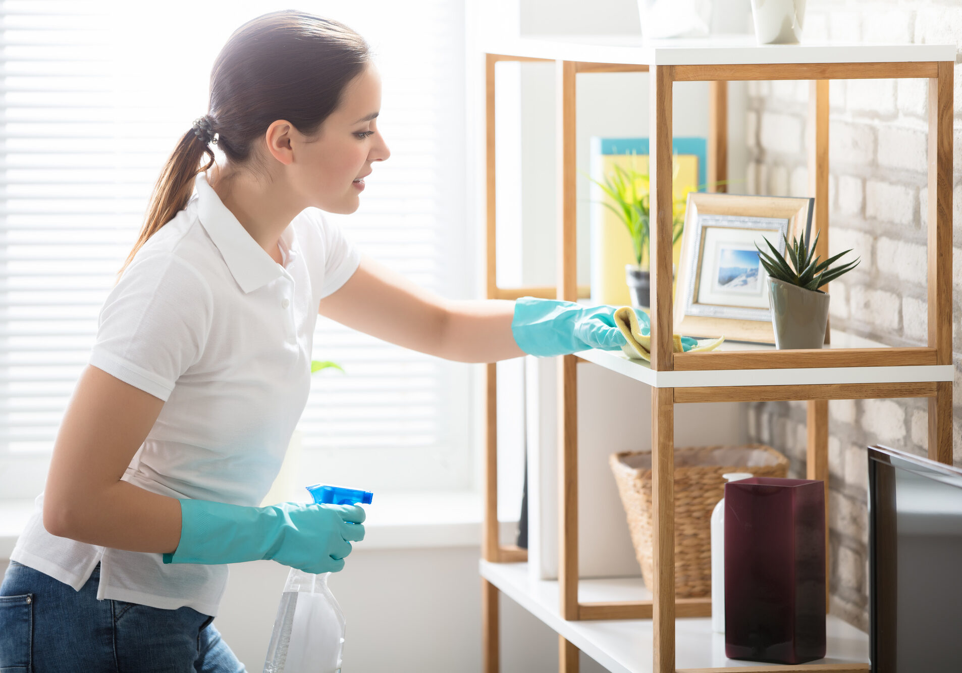 Young Woman Cleaning The Wooden Shelf In Living Room